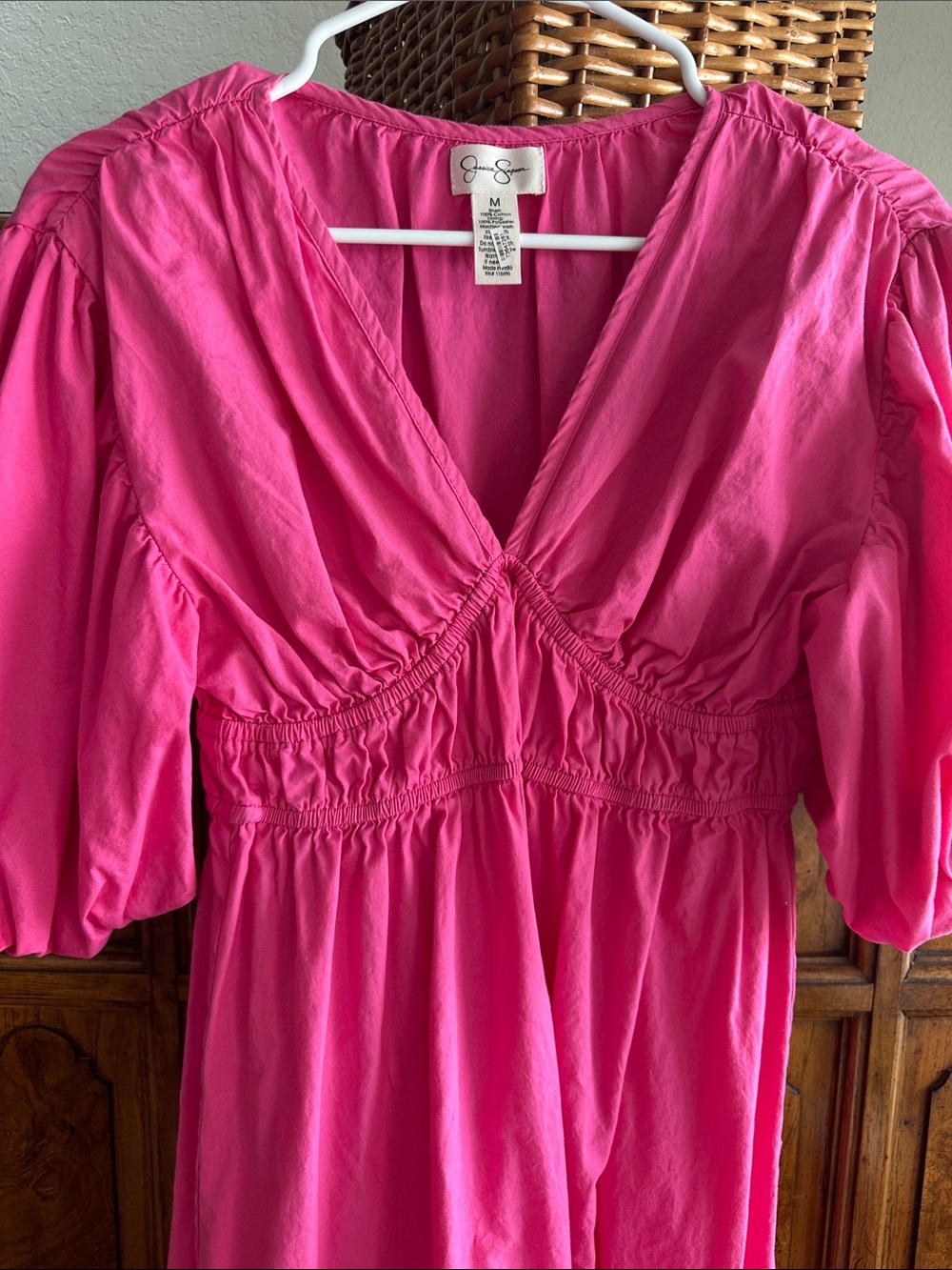 Jessica Simpson Pink Puff-Sleeve V-Neck Midi Dress - Picture 3 of 3